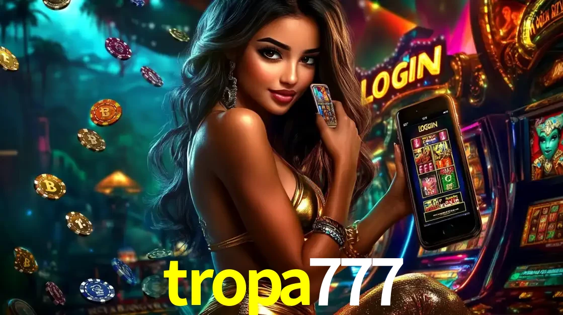 Mulher em um cenário de cassino temático de aventura, mostrando o app de caça-níqueis da tropa777 no celular. Fichas de apostas flutuam ao redor.