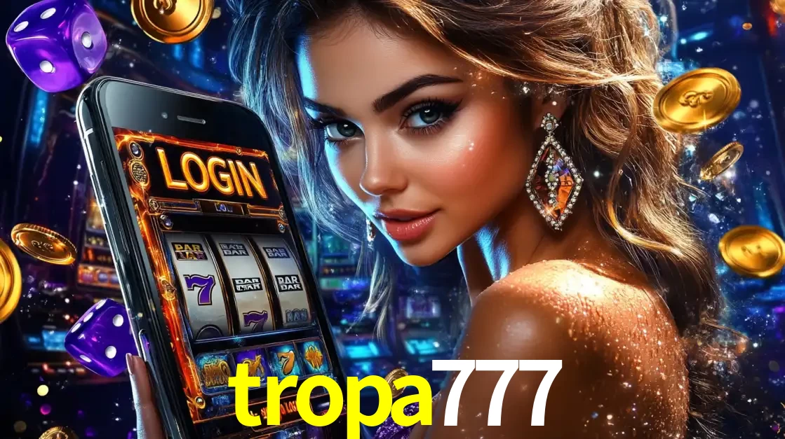Mulher glamorosa segurando um smartphone com a tela de login para os jogos de caça-níqueis do cassino online tropa777, com moedas de ouro e dados ao redor.