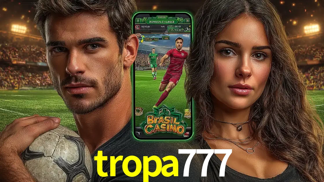 Homem segurando uma bola de futebol e uma mulher ao lado de um smartphone exibindo o jogo de apostas esportivas da tropa777. Faça seu palpite no cassino online.